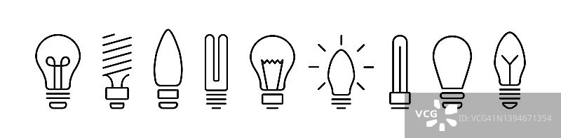 灯泡矢量图标，灯集轮廓设计，创意符号线条艺术孤立在白色背景。黑色的插图图片素材