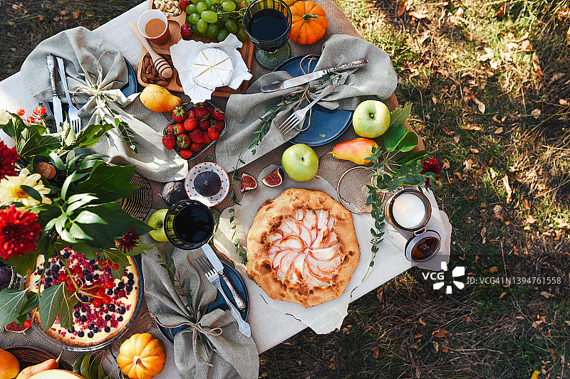 秋天在大自然中野餐。节日的餐桌布置。美味新鲜的食物。在自然。秋天的节日。放荡不羁的风格。的生活方式。图片素材