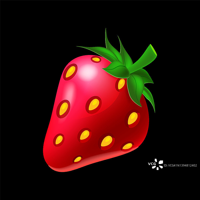草莓果实全鲜，色泽红，叶绿色。矢量插图机槽图标卡通图片素材