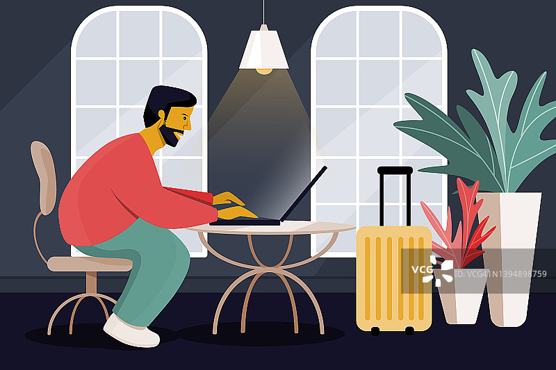 商务休闲旅行插画概念展示了一个男人在酒店前台工作，带着大行李旅行和享受他的假期时间。图片素材