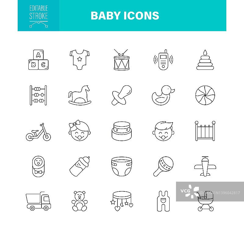 婴儿图标可编辑的笔画。该集合包含图标为儿童，女婴，婴儿食品，婴儿奶瓶图片素材