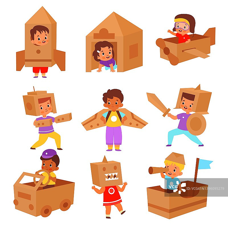 孩子纸板箱。卡通儿童人物制作纸板物体，飞机与飞行员、房子与船，想象力的发展，男孩和女孩在手工服装矢量孤立集图片素材