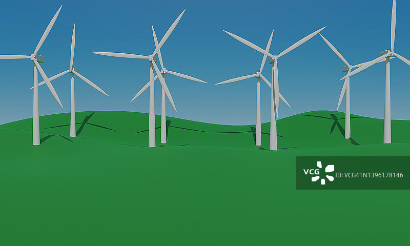 草地上的风力发电机。3 d渲染。图片素材