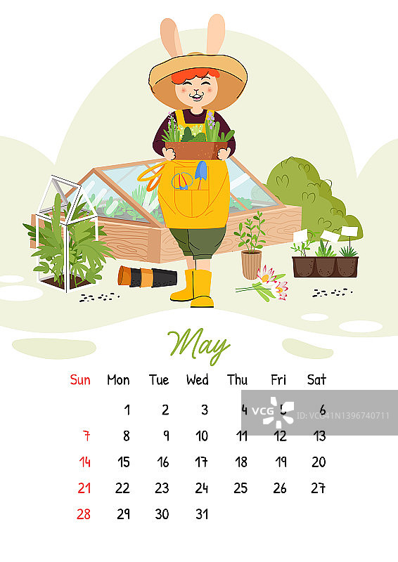 垂直矢量日历为2023年5月可爱的园丁兔子。兔年，2023年的象征。一周从周日开始图片素材