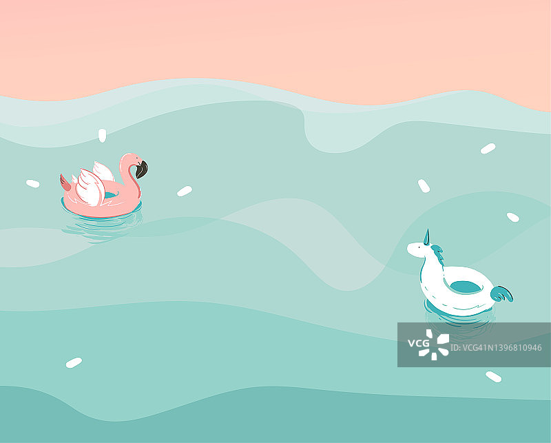 手绘矢量股票抽象图形插图与独角兽和火烈鸟游泳橡胶浮动环在海浪景观孤立的蓝色背景图片素材