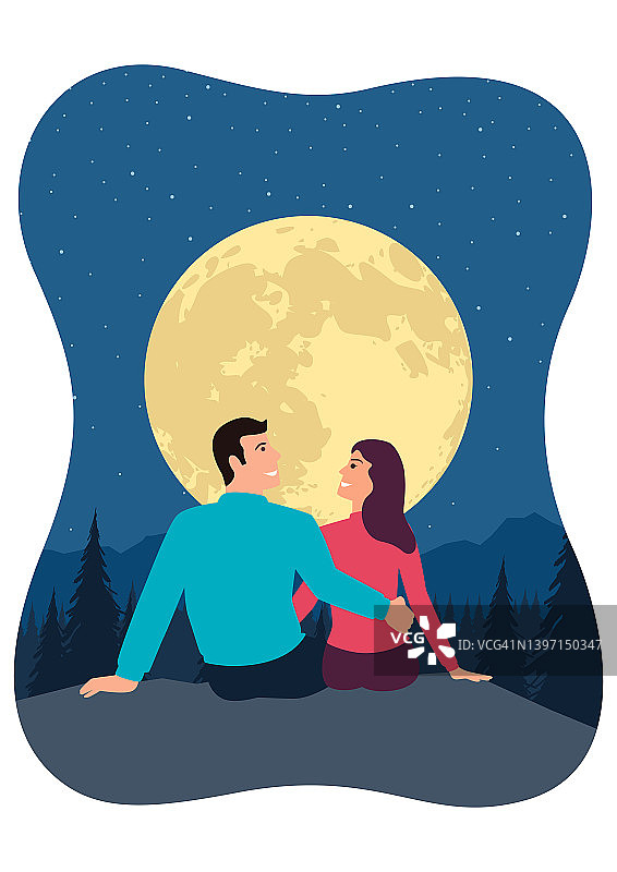 一对夫妇在满月时坐在悬崖边上图片素材