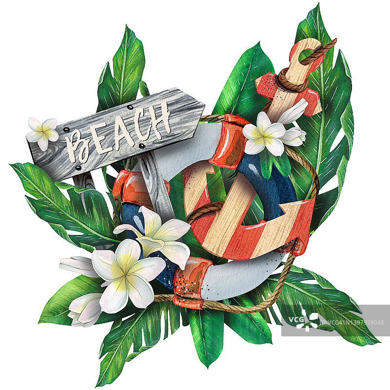 一个救生圈，一个锚，在热带树叶和鸡蛋花上的海滩标志。水彩。用于装饰、装饰和设计明信片、纪念品、纸张、海报、贴纸、横幅图片素材