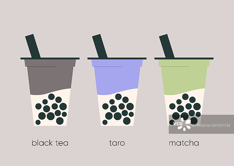 一套不同口味的波巴茶杯，经典红茶，紫芋头，绿色抹茶拿铁图片素材