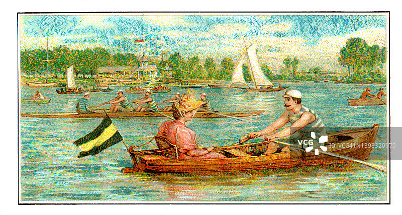 一对在湖上划艇的夫妇新艺术插图1899图片素材