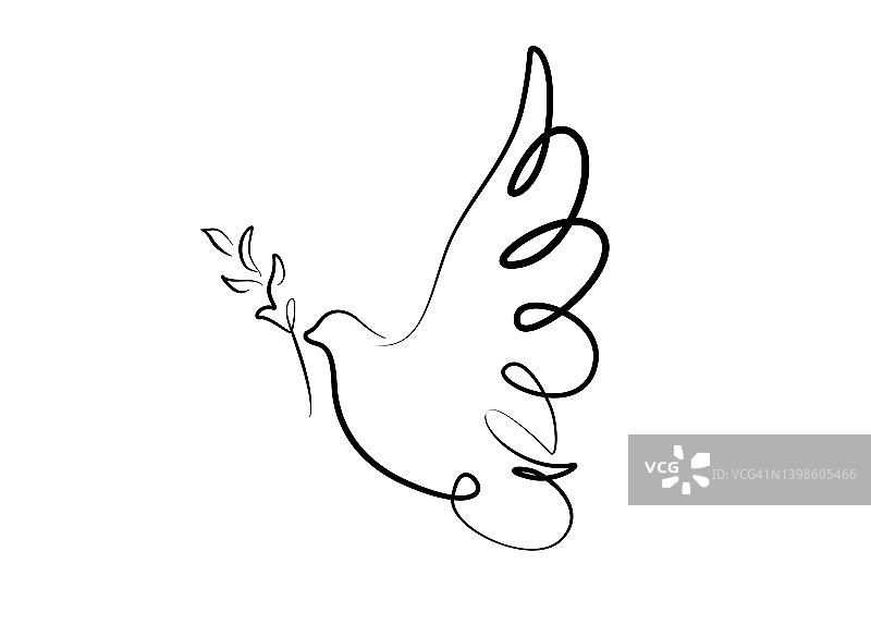 白色背景上和平鸽的插画。矢量剪影和平标志绘制单线在平的风格。图片素材