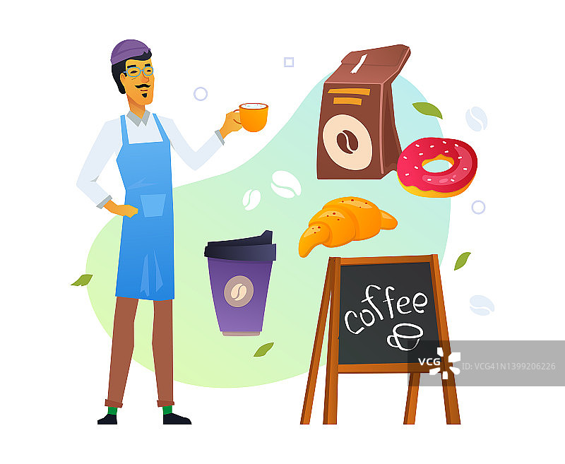 快乐的咖啡店老板-现代彩色矢量海报图片素材