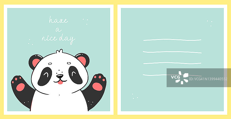 一张印有可爱熊猫和题词的明信片模板，祝你过得愉快。儿童卡片的概念。向量动物插图。图片素材