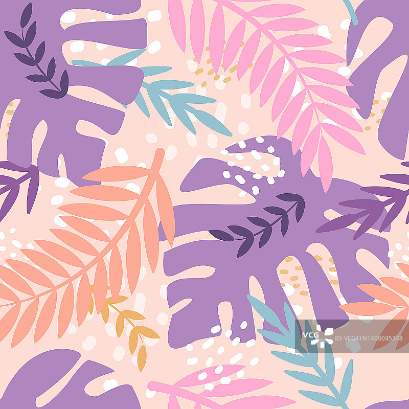 棕榈枝，热带植物，怪物。矢量无缝模式在平面风格图片素材