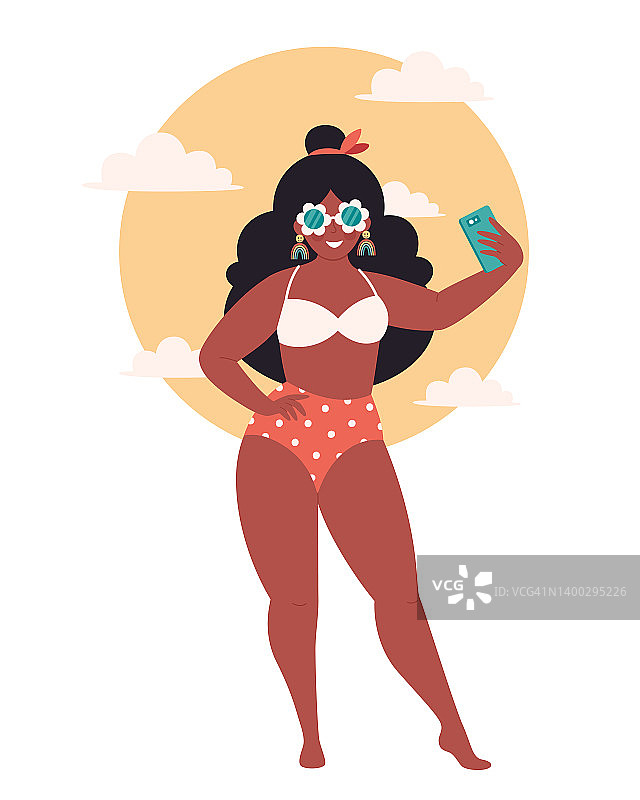 戴着复古眼镜和泳装的黑人女性在阳光下自拍或拍摄视频。你好夏天，暑假，暑假好玩。手绘矢量插图图片素材