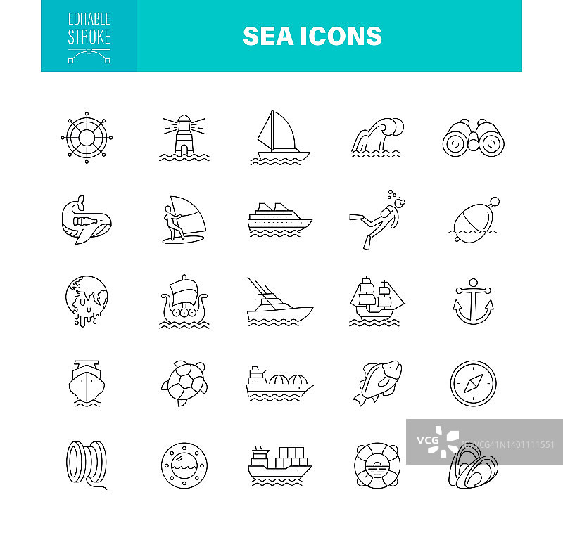海图标可编辑的笔画。包含这样的图标，船舶，渔业，水手，灯塔，车轮图片素材