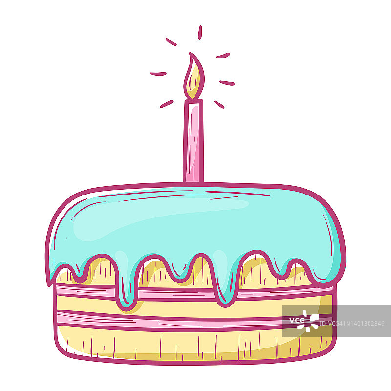 卡通生日蛋糕与糖衣和蜡烛，矢量孤立的涂鸦插图。图片素材