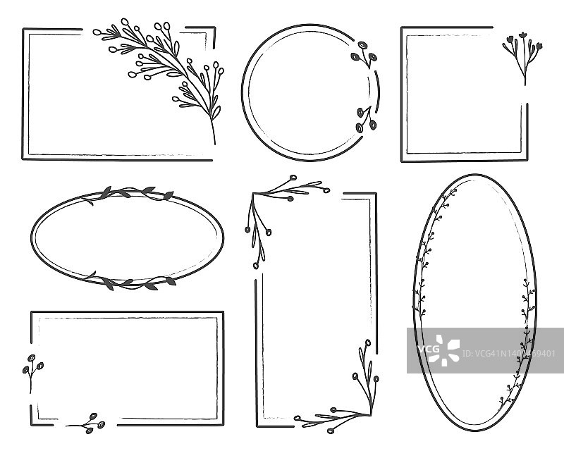 一套几何花卉框架，与叶子，浆果，花卉元素的边界。模板的相框，邀请，贺卡，社交媒体，博客。手绘图片素材