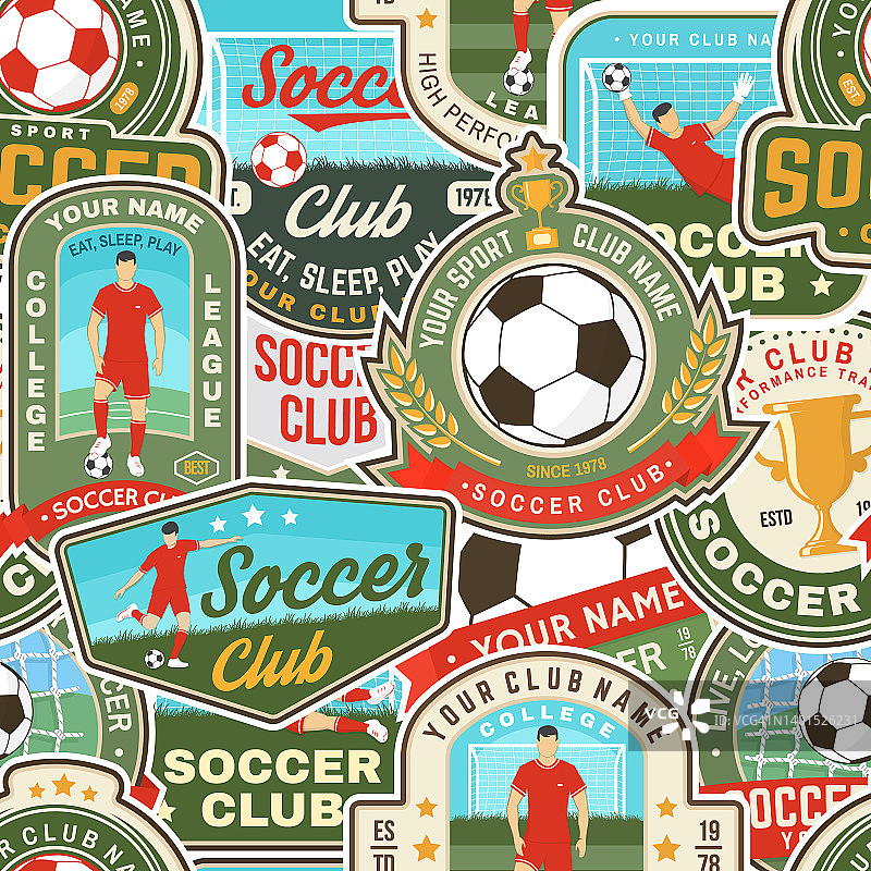 足球俱乐部无缝模式。矢量插图。壁纸，背景与足球守门员，球，球员和门的轮廓。图片素材