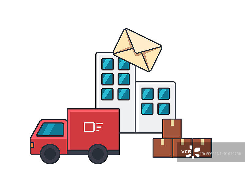 收集彩色薄图标的邮局，送货卡车，盒子，业务和金融概念矢量插图。图片素材