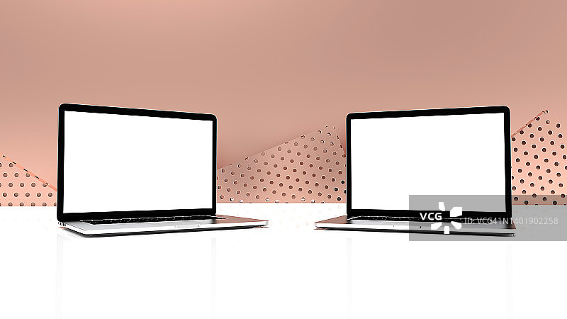 玫瑰金背景的现代笔记本电脑。3 d演示。图片素材