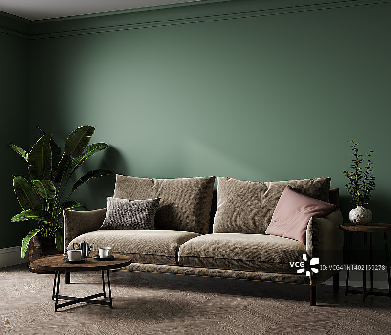 空旷的绿色客厅墙壁模型与米色天鹅绒沙发，枕头和植物在空白的白色室内背景。说明,3 d渲染图片素材