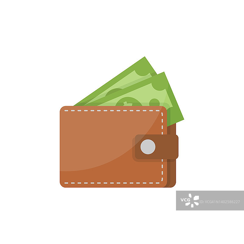 钱包与金钱图标在平坦的风格。在线支付矢量插图孤立的背景。现金和钱包标志的经营理念。图片素材