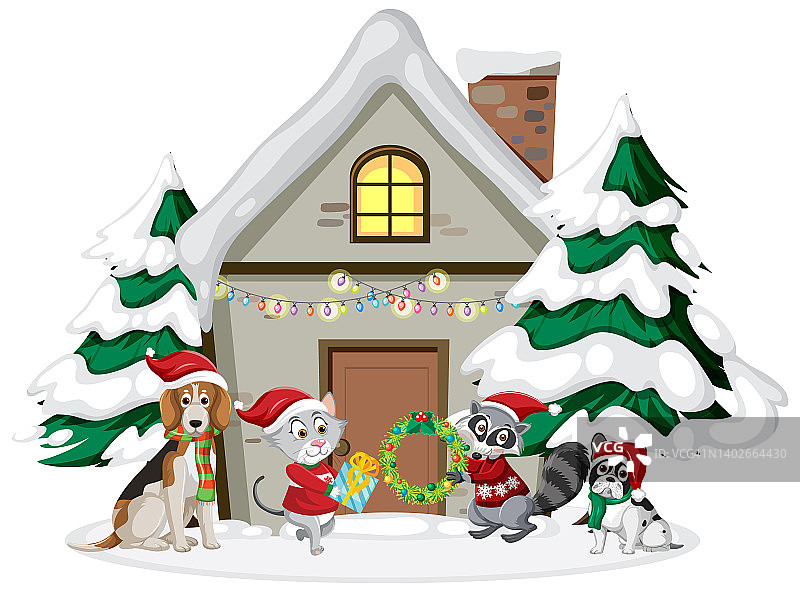 动物们站在圣诞主题的冬屋前图片素材