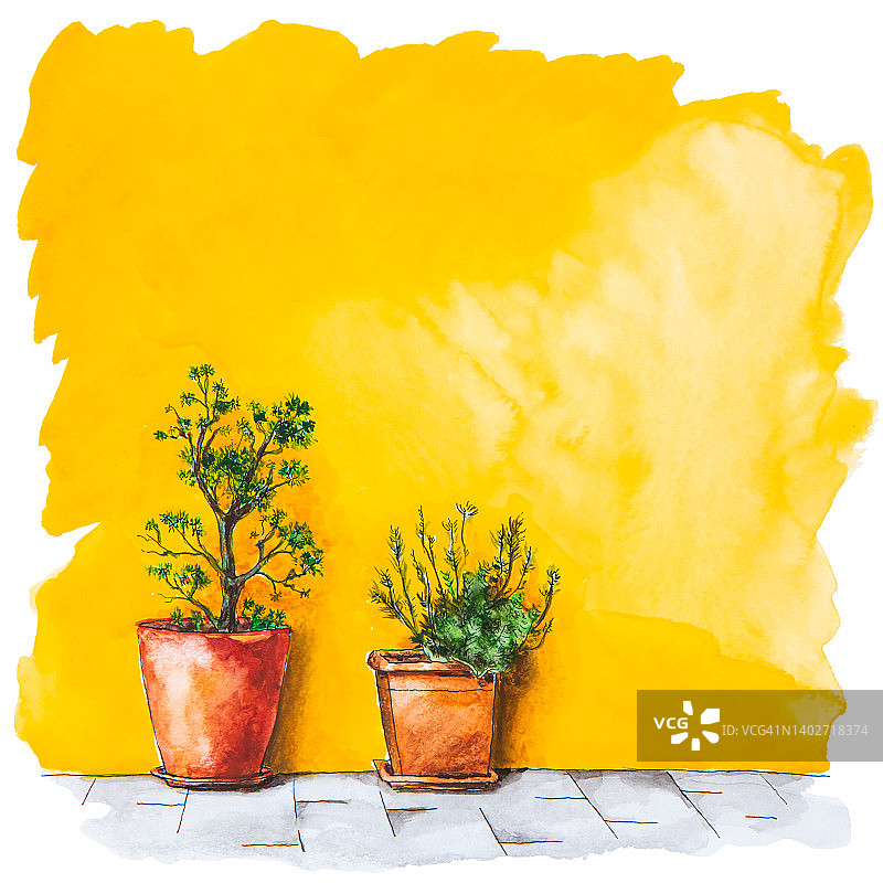 房子黄色立面的水彩画，带有装饰性的花朵。图片素材