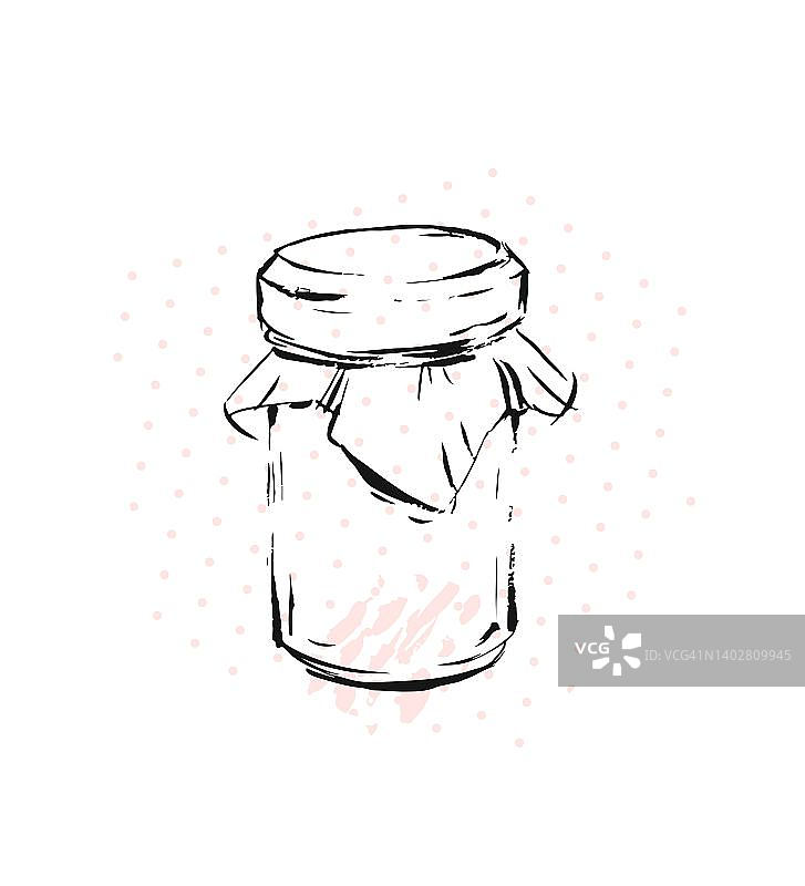 覆盆子果酱罐玻璃隔离在白色背景。模拟矢量果酱罐玻璃很好地呈现覆盆子果酱罐。图片素材