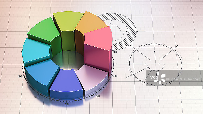 彩色闪亮的甜甜圈图表与数字描述环在蓝图的背景表面。顶视图组成。图片素材