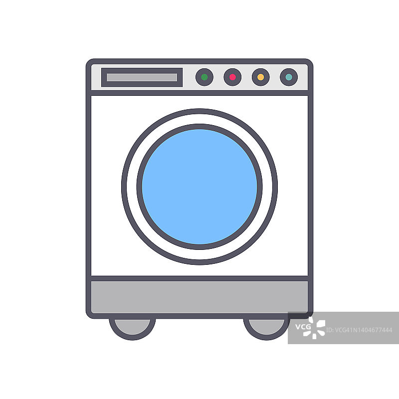 现代前装载机洗衣机。洗衣机和洗衣服。向量。图片素材