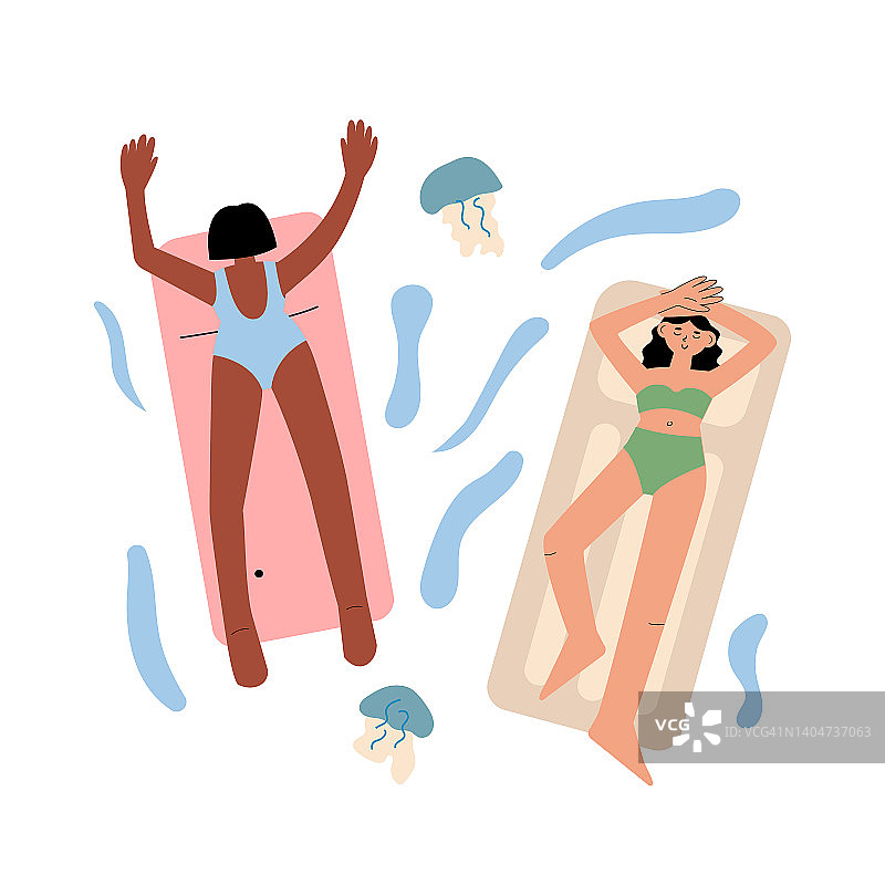 矢量插图不同的女性在游泳放松和日光浴的床垫在海上图片素材