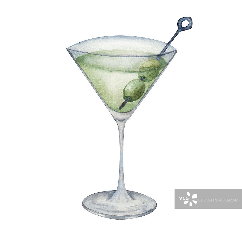 水彩插图手绘绿色鸡尾酒在苦参杯绿色橄榄。酒精饮料喝。肮脏的马提尼。干马提尼图片素材