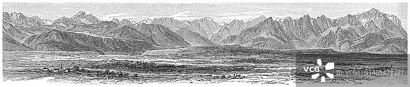 雕刻山体形成的插图(山脉)-链山脉-卡尔温德尔和维特斯坦在北石灰石阿尔卑斯山在奥地利联邦州蒂罗尔图片素材