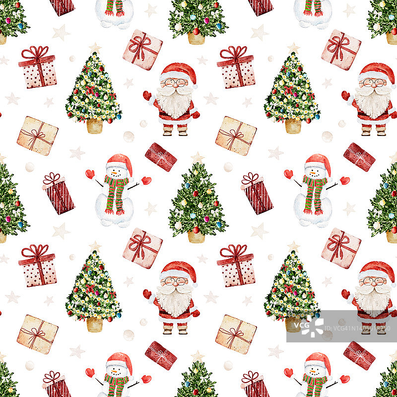 水彩圣诞图案与圣诞老人，雪人，圣诞树和礼品盒孤立在白色背景。图片素材