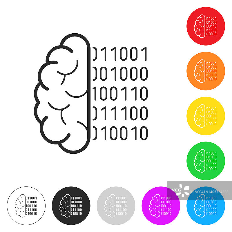 有二进制代码的大脑。彩色按钮上的图标图片素材
