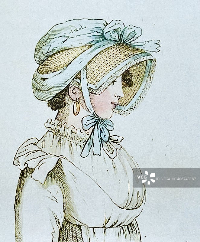 时装模特呈现一种新的服装和独特的头饰，1803年图片素材