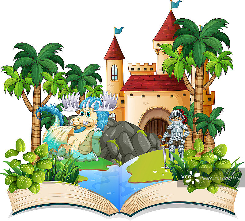 书与骑士和龙在城堡图片素材