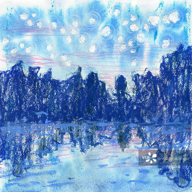 明亮的星星下森林中的湖泊的插图。图片素材