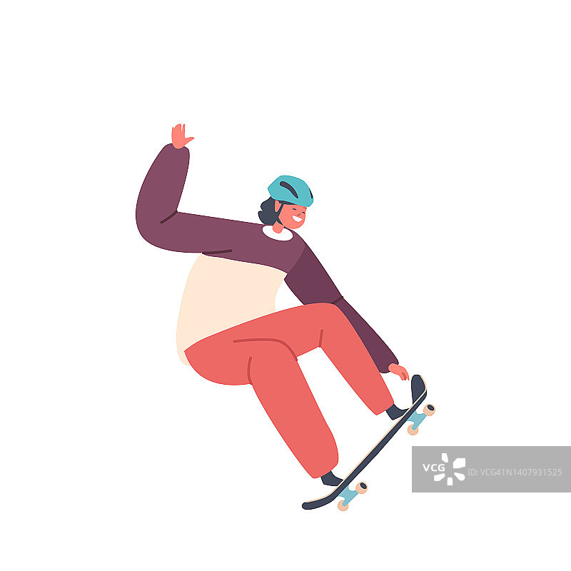 少年男孩滑板活动。孤立的儿童在长板滑冰，跳跃和制作特技或花样滑冰运动图片素材