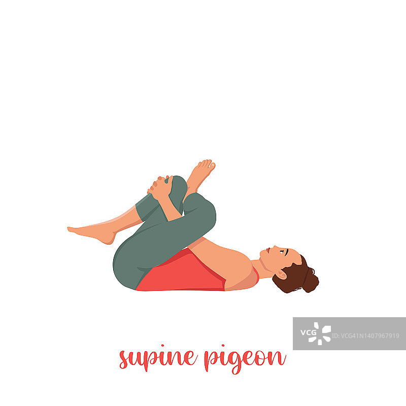 在家锻炼的女性，在地板上做瑜伽练习，躺在针眼臀部伸展姿势(死亡或斜卧鸽子姿势)，练习后休息。孤立的平面矢量图图片素材