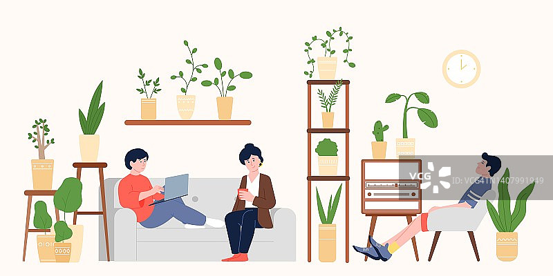 家人在家里花园的沙发和椅子上放松，花盆里种着绿色植物。室内植物公寓，生态生活方式，舒适。和谐感最近矢量场景图片素材