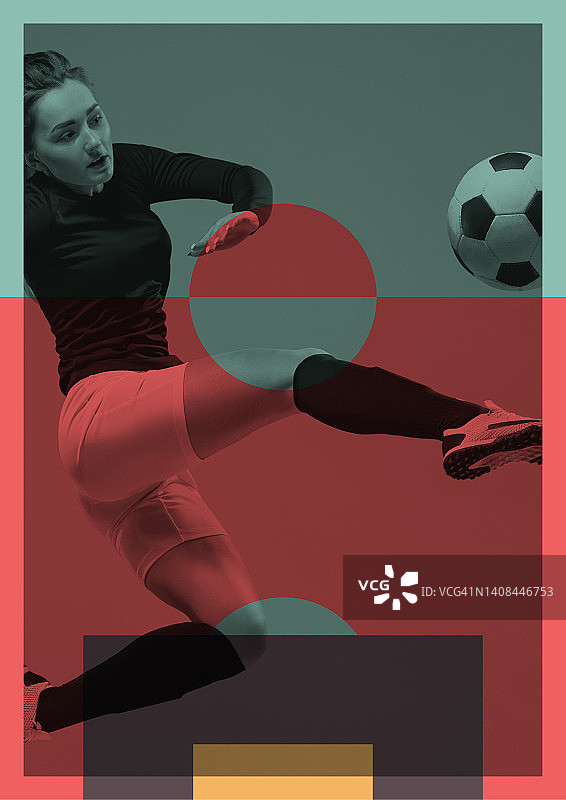海报与女性足球，足球运动员在运动和行动与球在抽象的彩色背景与几何元素。艺术、创意、运动图片素材