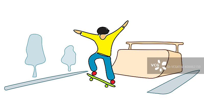 城市公园背景上滑板者跳跃的剪影。线条手绘风格的彩色素描。时髦的夏季少年海报，横幅。向量图片素材