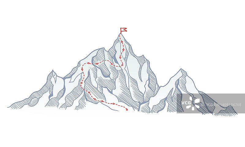 登山路线至山顶红旗顶岩。商业旅程的路径在进行中，成功的方式或目标的概念。矢量多边形点连线样式图片素材