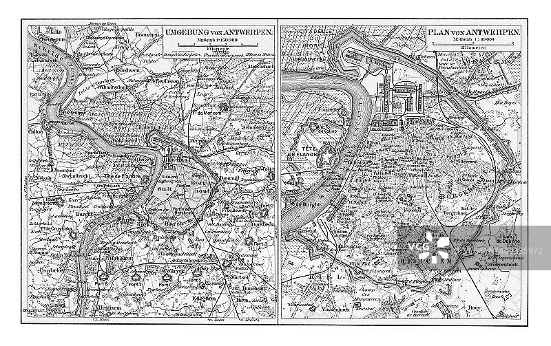 比利时最大的城市，佛兰德斯大区安特卫普省的首府，旧的安特卫普彩色印刷地图图片素材