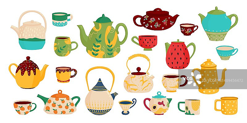 杯子和茶壶。陶瓷茶壶，卡通茶杯hygge家居元素。可爱的水壶舒适的厨房，咖啡壶和家庭陶器classy向量集图片素材