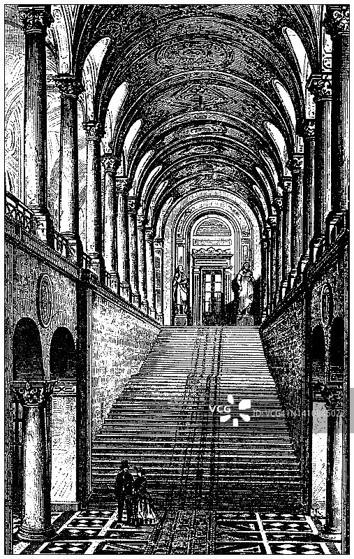 古董插图:建筑和建筑:慕尼黑图书馆楼梯图片素材