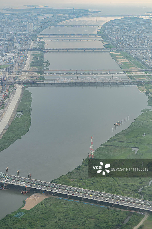 日本大阪市Yodo河，从飞机上鸟瞰图片素材