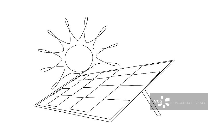 一张带有太阳的太阳能电池板的连续线图。简单线性风格的绿色清洁能源和可再生资源。电站和拯救生态图标。可编辑的中风。画矢量图图片素材